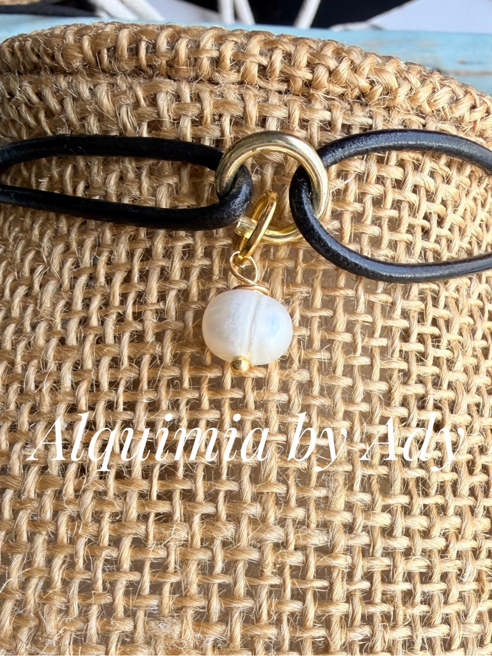Black Cord choker Necklace with White baroque Pearl and Gold Accents